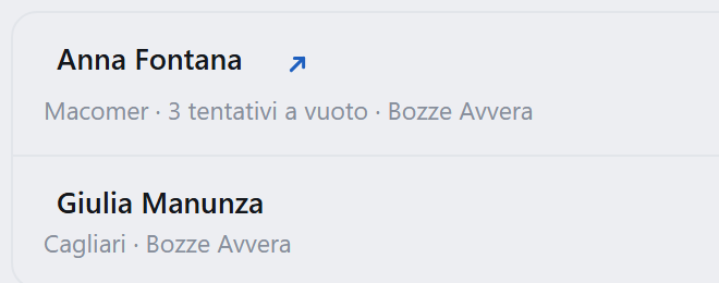 Due contatti nella coda: nome, comune, tentativi fatti e a che punto è la conversazione.