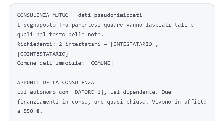 Il testo della nota già composto: richiedenti e comune sostituiti da [INTESTATARIO], [COINTESTATARIO] e [COMUNE], e sotto gli appunti della consulenza in prosa.