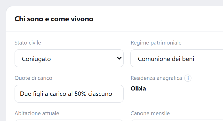 Il blocco «Chi sono e come vivono» compilato: coniugato, comunione dei beni, due figli a carico al 50%, residenza a Olbia.